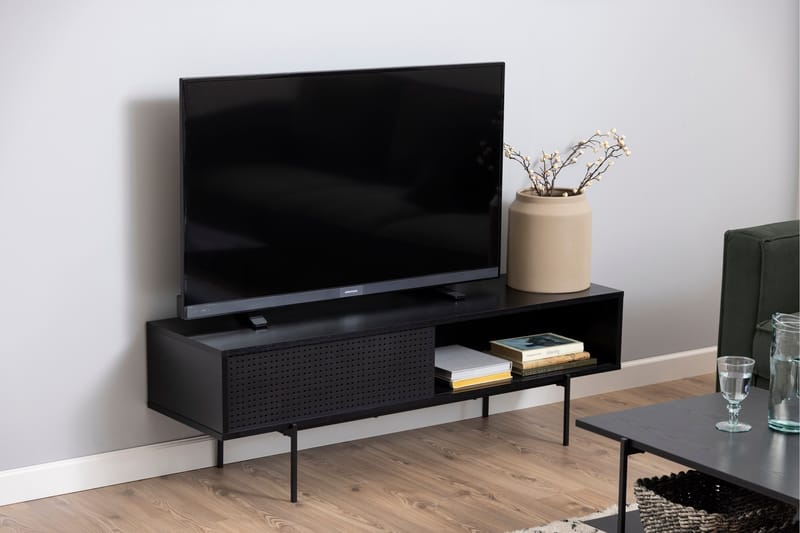 Mehoopany lattialla seisova tv-taso 140 cm säilytystilalla maalattua puuta - Musta - Huonekalut - TV- & Mediakalusteet - Tv taso & Mediataso
