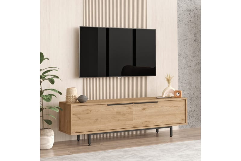 Munish lattiaseisova tv-taso 160 cm säilytyksellä, pähkinä - Ruskea - Huonekalut - TV- & Mediakalusteet - Tv taso & Mediataso