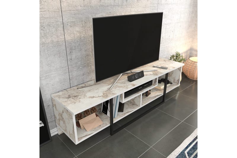 Rinorea lattialla seisova tv-taso 150 cm säilytystilalla, maalattua puuta, marmorin näköinen - Valkoinen - Huonekalut - TV- & Mediakalusteet - Tv taso & Mediataso