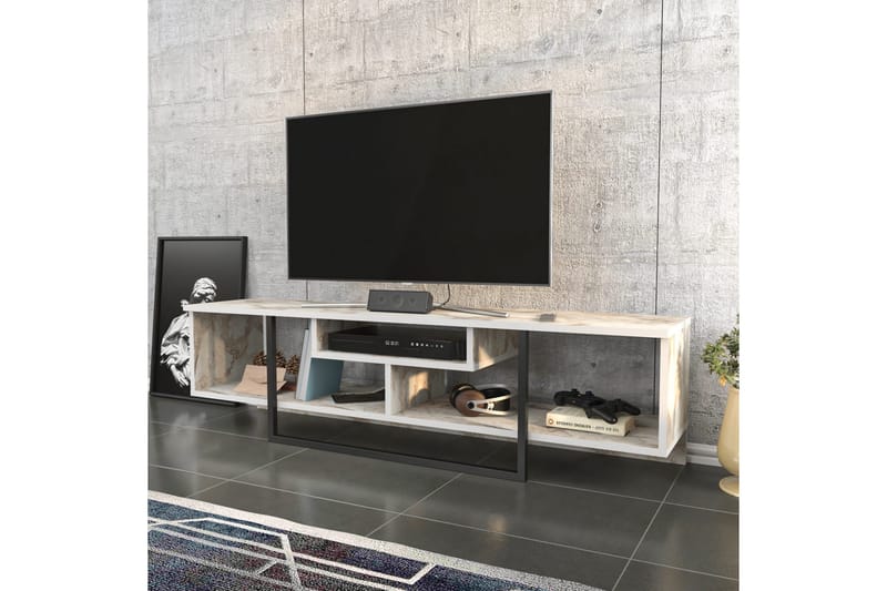 Rinorea lattialla seisova tv-taso 150 cm säilytystilalla, maalattua puuta, marmorin näköinen - Valkoinen - Huonekalut - TV- & Mediakalusteet - Tv taso & Mediataso