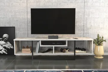 Rinorea lattialla seisova tv-taso 150 cm säilytystilalla, maalattua puuta, marmorin näköinen - Valkoinen - Huonekalut - TV- & Mediakalusteet - Tv taso & Mediataso