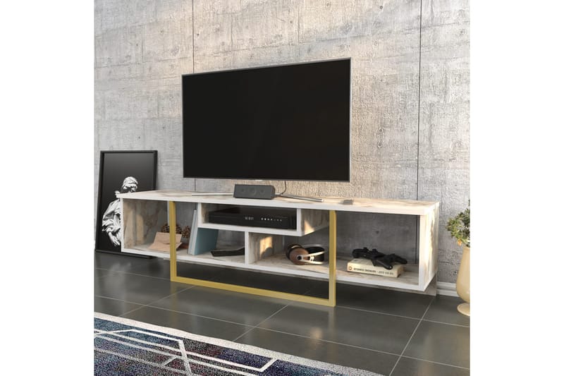 Rinorea lattiaseisova tv-taso 150 cm puinen metallirungolla ja säilytyksellä - Valkoinen - Huonekalut - TV- & Mediakalusteet - Tv taso & Mediataso