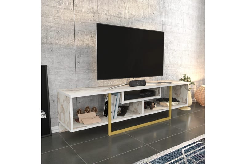 Rinorea lattiaseisova tv-taso 150 cm puinen metallirungolla ja säilytyksellä - Valkoinen - Huonekalut - TV- & Mediakalusteet - Tv taso & Mediataso