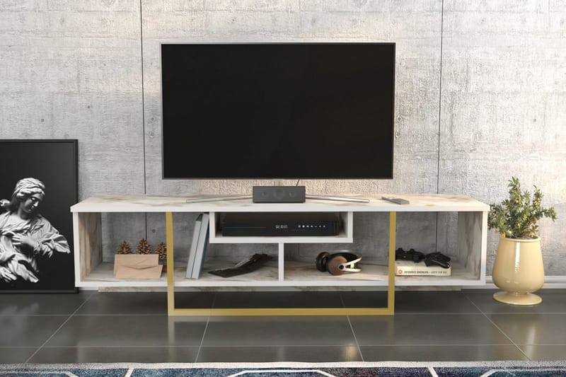 Rinorea lattiaseisova tv-taso 150 cm puinen metallirungolla ja säilytyksellä - Valkoinen - Huonekalut - TV- & Mediakalusteet - Tv taso & Mediataso