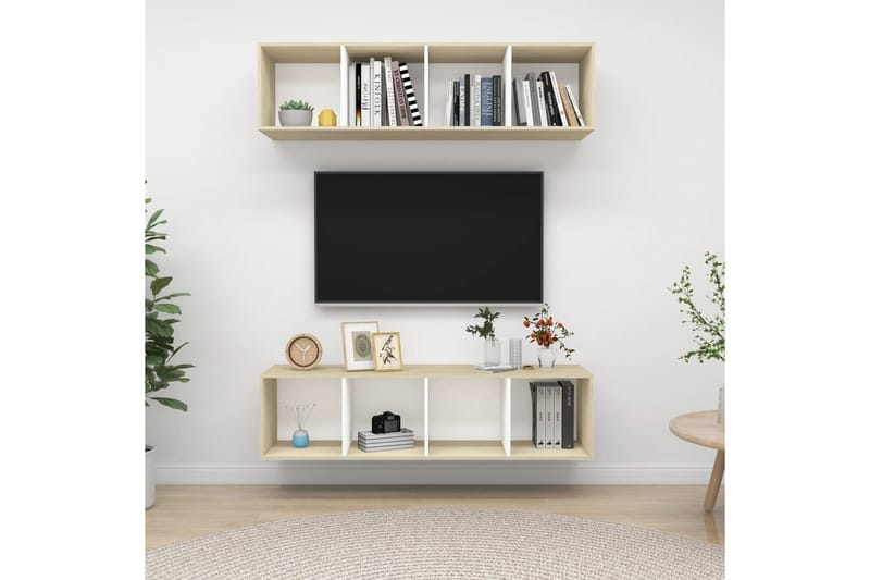 Seinäkiinnitettävät TV-tasot 2 kpl valk./Sonoma-tammi - Beige - Huonekalut - TV- & Mediakalusteet - Tv taso & Mediataso