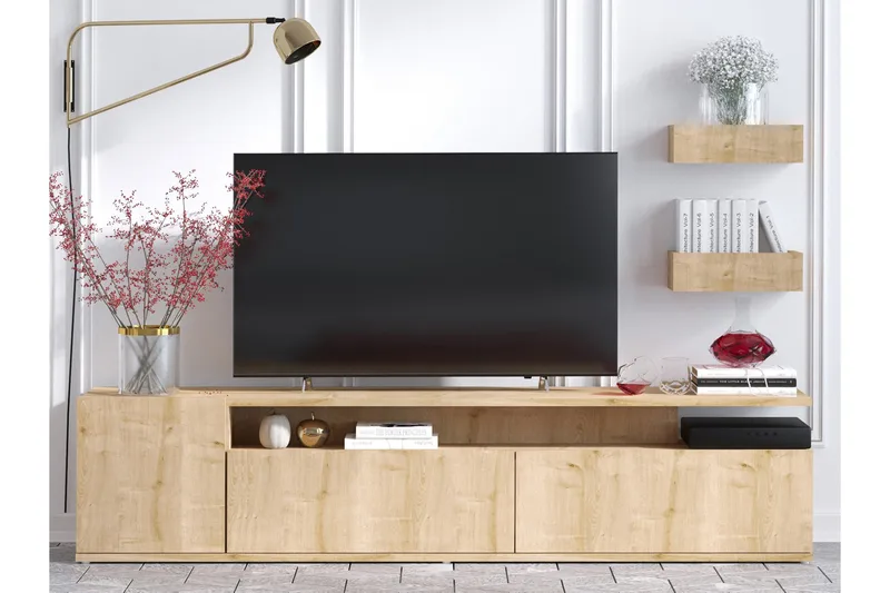 Sinox lattiaseisova tv-taso 180 cm säilytyksellä maalatusta puusta, Vaaleanruskea
