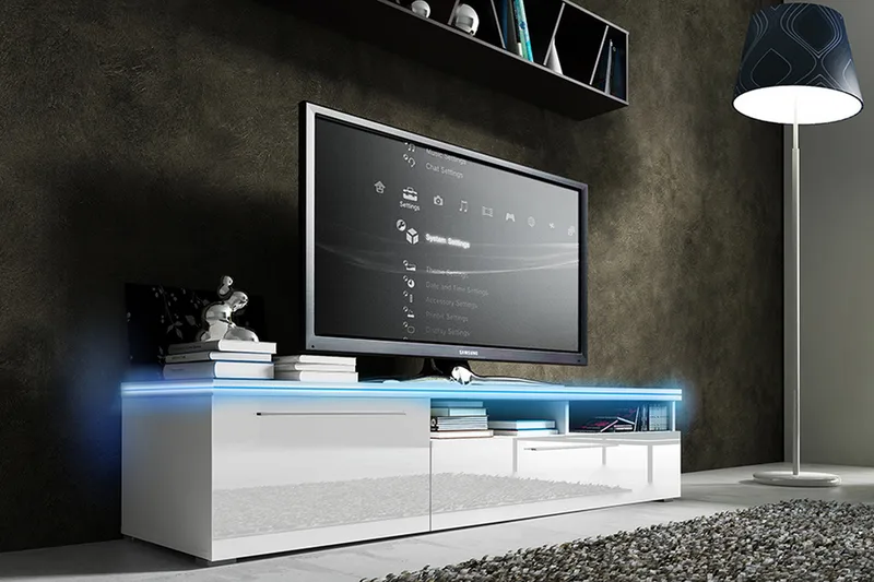 Stockend lattialle sijoitettava tv-taso 150 cm säilytystilalla maalattua puuta, Valkoinen