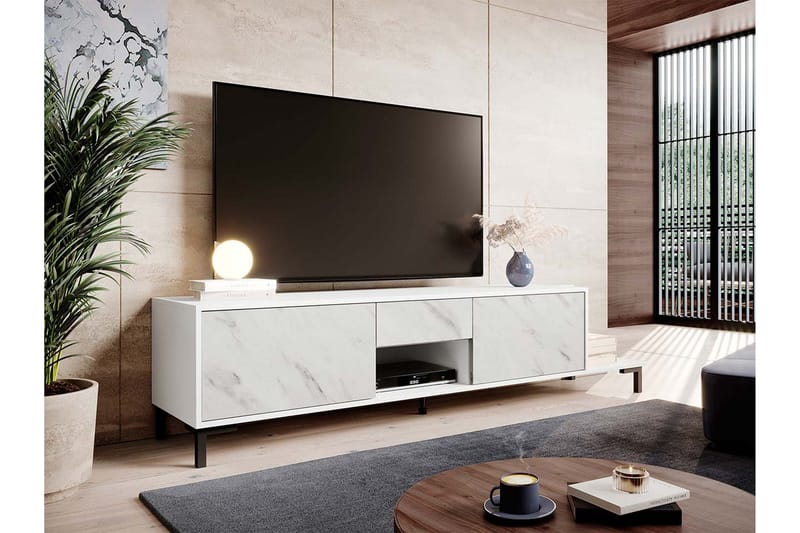 Tv lattialla seisova tv-taso 195 cm säilytystilalla puuta - Valkoinen - Huonekalut - TV- & Mediakalusteet - Tv taso & Mediataso
