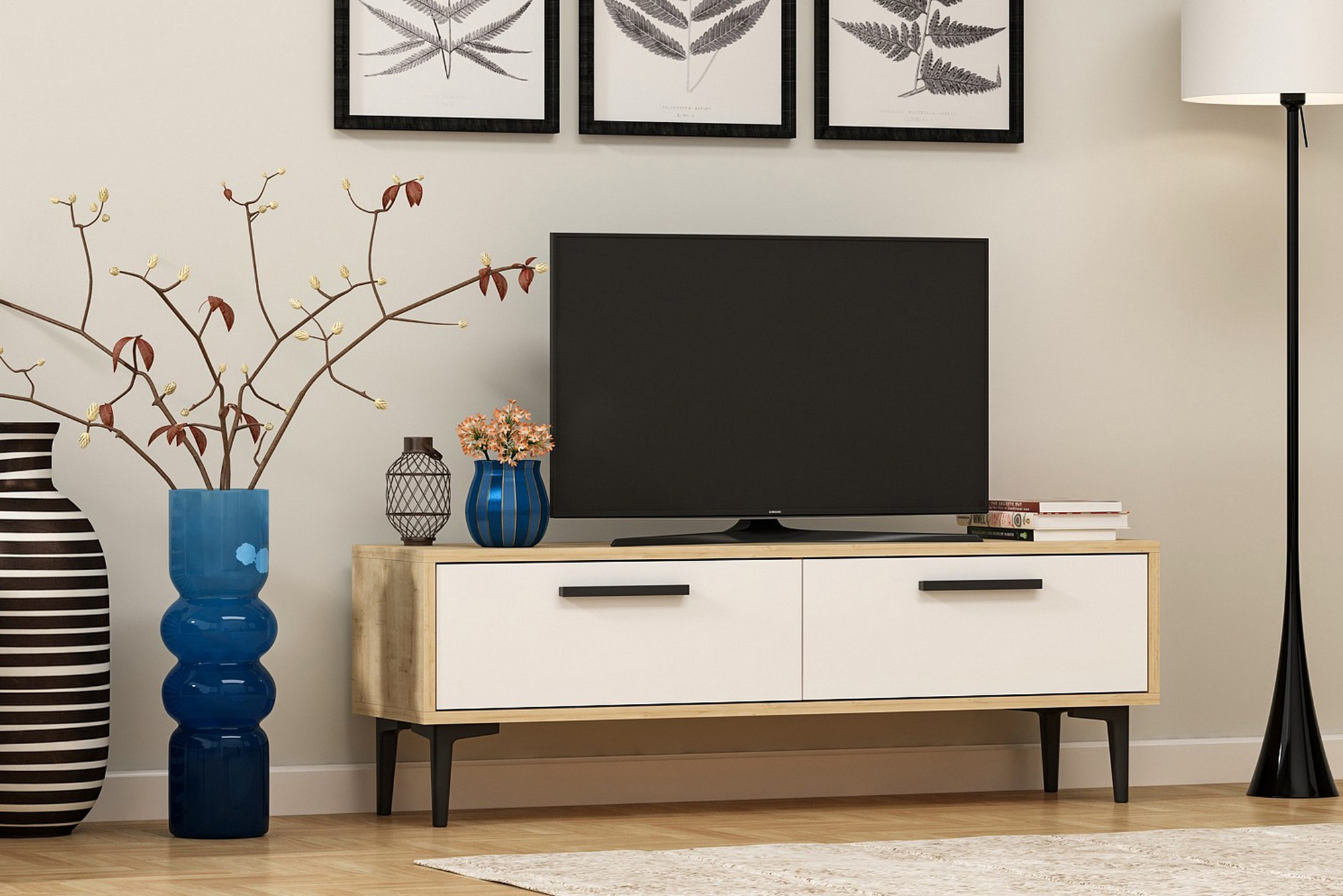 TV-taso 120 cm 2 kaappia - Luonnonväri/valkoinen/musta