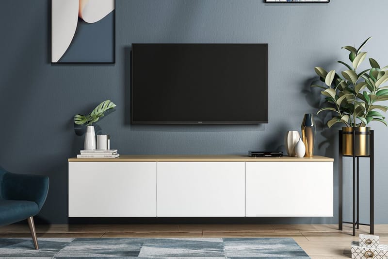 TV-taso 160 cm 3 kaappia, Valkoinen/Luonnonväri