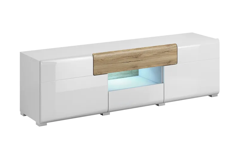 TV-taso Aureas 159 cm, Tammi/Valkoinen korkeakiilto