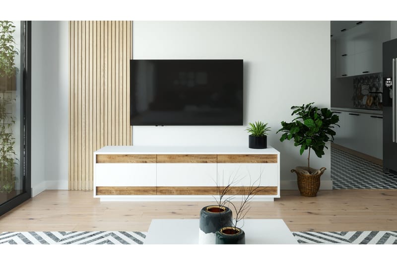 TV-taso Calrin 180 cm 3 kaappia - Valkoinen/Luonnonväri - Huonekalut - TV- & Mediakalusteet - Tv taso & Mediataso