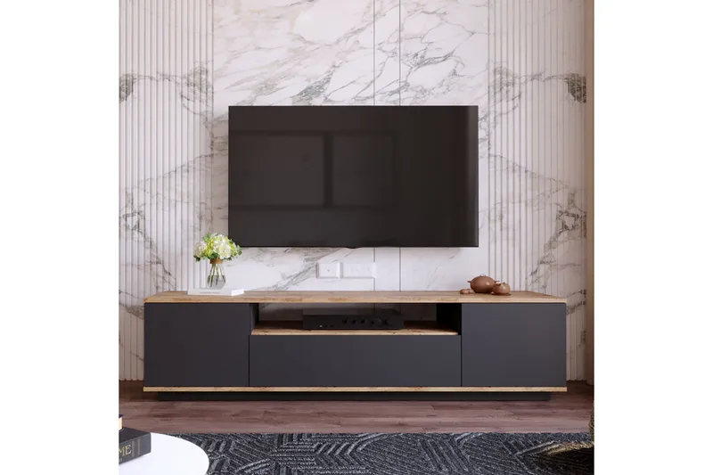 TV-taso Calrin 180 cm hyllyllä - Antrasiitti/Luonnonväri - Huonekalut - TV- & Mediakalusteet - Tv taso & Mediataso
