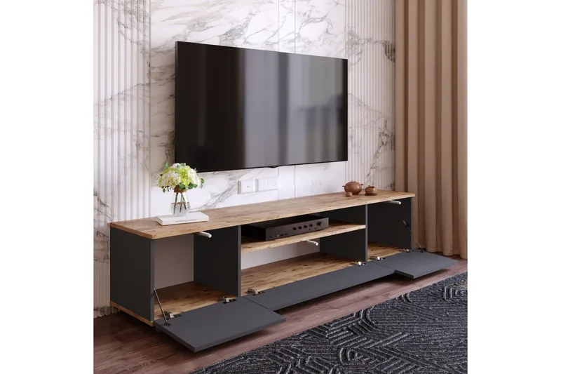 TV-taso Calrin 180 cm hyllyllä - Antrasiitti/Luonnonväri - Huonekalut - TV- & Mediakalusteet - Tv taso & Mediataso