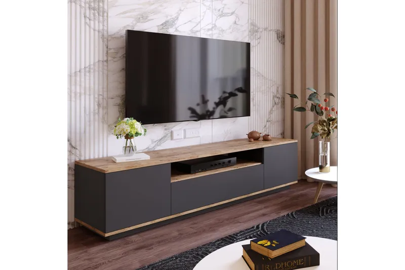 TV-taso Calrin 180 cm hyllyllä - Antrasiitti/Luonnonväri - Huonekalut - TV- & Mediakalusteet - Tv taso & Mediataso