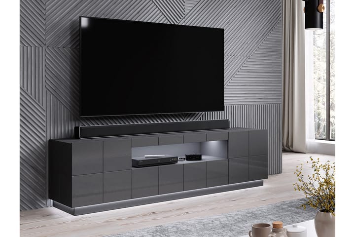TV-taso Ebreon 184 cm + LED - Harmaa korkeakiilto/valk LED - Tv taso & Mediataso