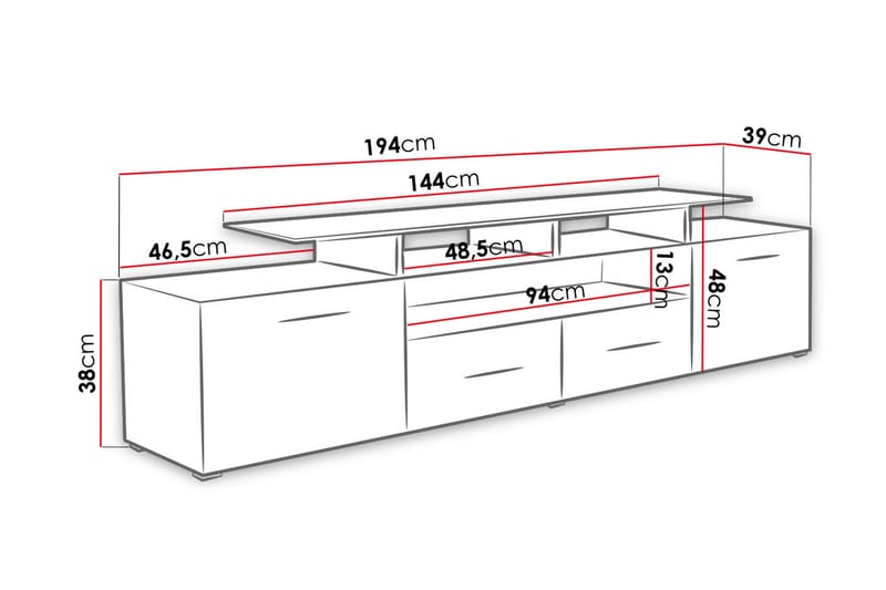 TV-taso Evora 39x194 cm LED-valaistus - Musta Korkeakiilto - Huonekalut - TV- & Mediakalusteet - Tv taso & Mediataso