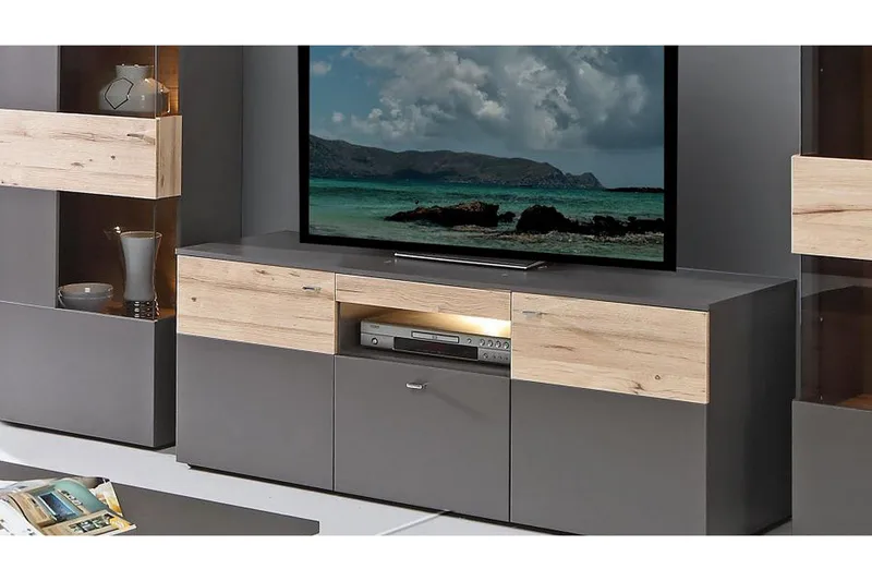 TV-taso Leonie 150 cm 2 ovea laatikko sis Valaistus - Plank Tammi/Harmaa - Huonekalut - TV- & Mediakalusteet - Tv taso & Mediataso