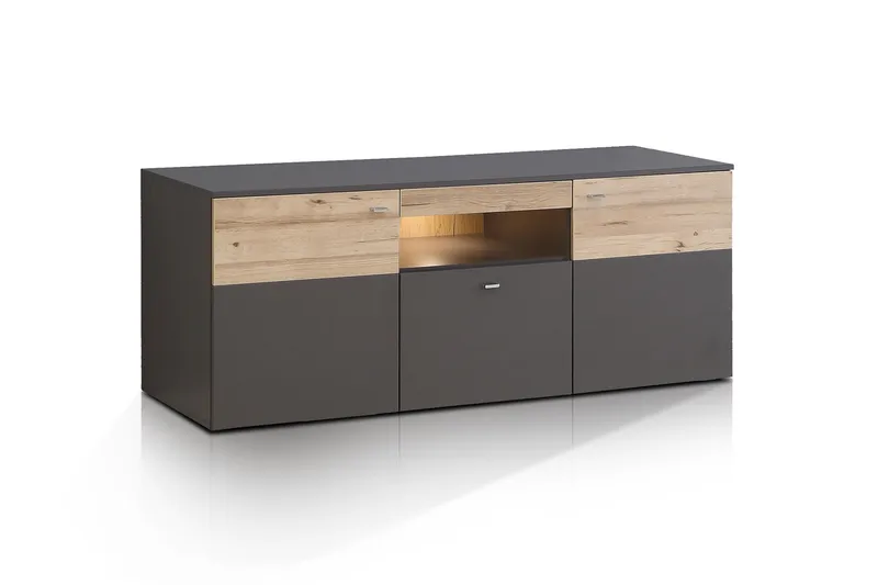 TV-taso Leonie 150 cm 2 ovea laatikko sis Valaistus, Plank Tammi/Harmaa