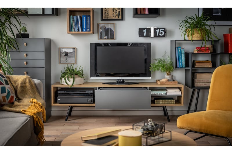 TV-taso Ribbon 160 cm säilytyksellä Puu/Luonnonväri/Harmaa/M - VOX - Huonekalut - TV- & Mediakalusteet - Tv taso & Mediataso