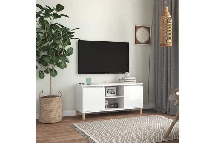 TV-taso täyspuiset jalat valkoinen 103,5x35x50 cm - Korkeakiiltovalkoinen - Tv taso & Mediataso