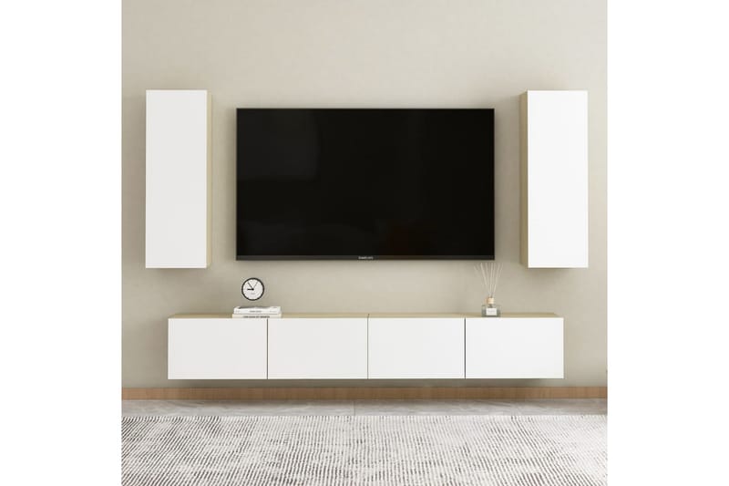 TV-taso valkoinen ja Sonoma-tammi 30,5x30x90 cm lastulevy - Huonekalut - TV- & Mediakalusteet - Tv taso & Mediataso