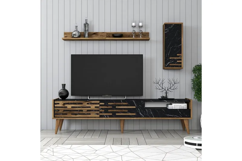 Valensiya TV-kaappi 180 cm - Pähkinä/Musta/Marmori - Huonekalut - TV- & Mediakalusteet - TV-kaappi