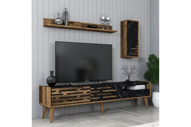 Valensiya TV-kaappi 180 cm - Pähkinä/Musta/Marmori - Huonekalut - TV- & Mediakalusteet - TV-kaappi
