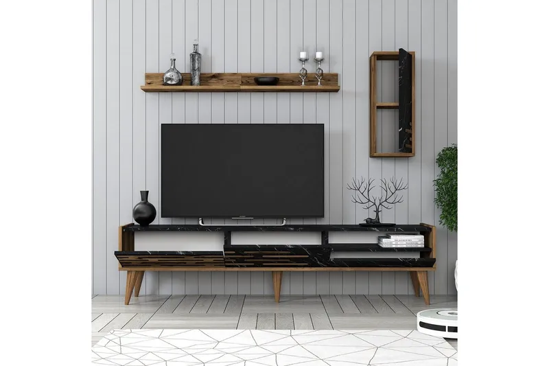 Valensiya TV-kaappi 180 cm - Pähkinä/Musta/Marmori - Huonekalut - TV- & Mediakalusteet - TV-kaappi