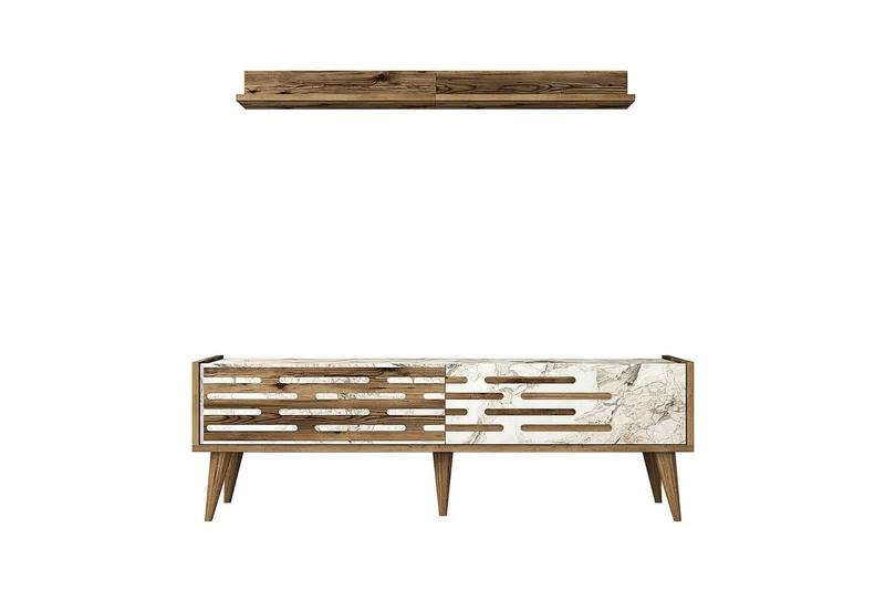 Valensiya TV-kalustesetti 140x45 cm, Pähkinä/Valkoinen/Marmori