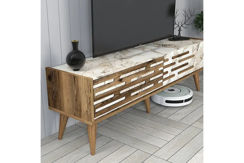 Valensiya TV-kalustesetti 140x45 cm - Pähkinä/Valkoinen/Marmori - Huonekalut - TV- & Mediakalusteet - TV-kalustepaketti