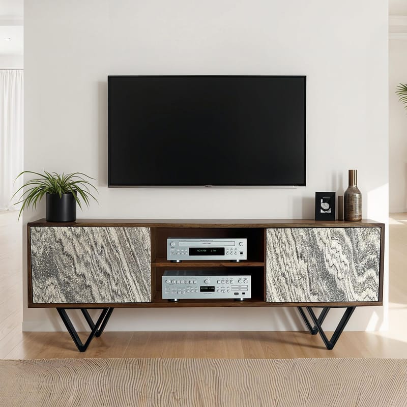 Venlor-TV-taso 150x56x35 cm massiivista sheesham-puuta, valkoinen kivijäljitelmä - valkoinen - Huonekalut - TV- & Mediakalusteet - Tv taso & Mediataso