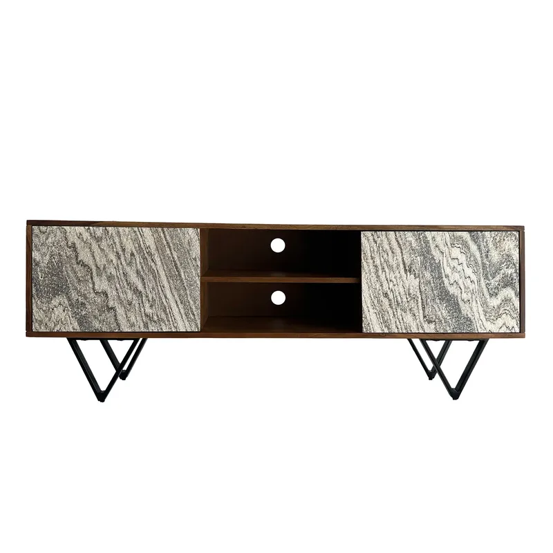 Venlor-TV-taso 150x56x35 cm massiivista sheesham-puuta, valkoinen kivijäljitelmä, valkoinen