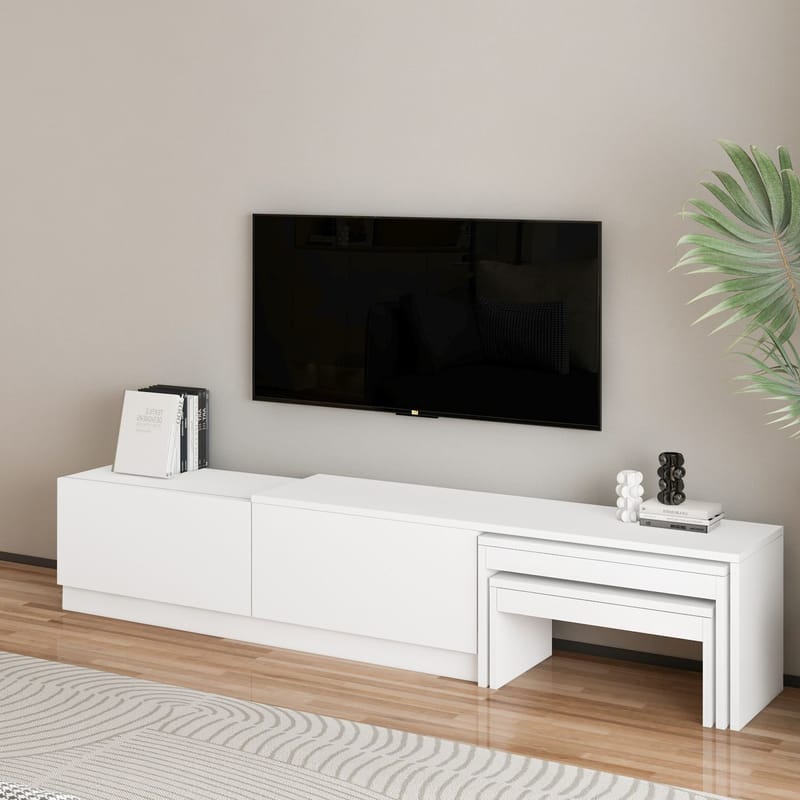 Zalven tv-taso 180 cm säilytyksellä ja jatkettava maalattu puu - Valkoinen - Huonekalut - TV- & Mediakalusteet - Tv taso & Mediataso