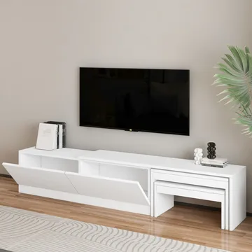 Zalven tv-taso 180 cm säilytyksellä ja jatkettava maalattu puu - Valkoinen - Huonekalut - TV- & Mediakalusteet - Tv taso & Mediataso