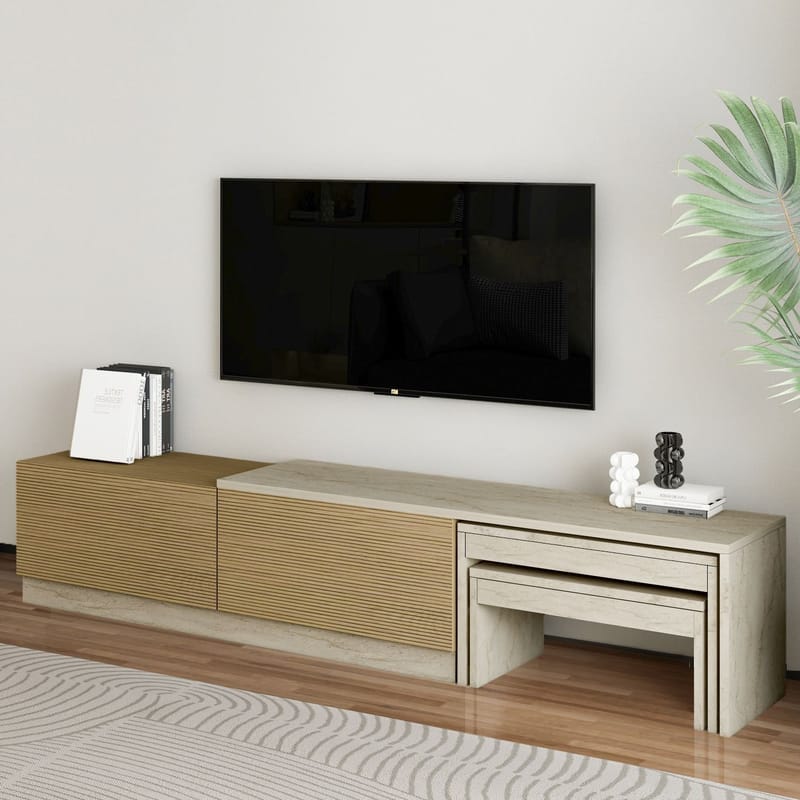Zalven TV-taso 180x36x30 cm - travertiini ja lämmin tammi - Huonekalut - TV- & Mediakalusteet - Tv taso & Mediataso