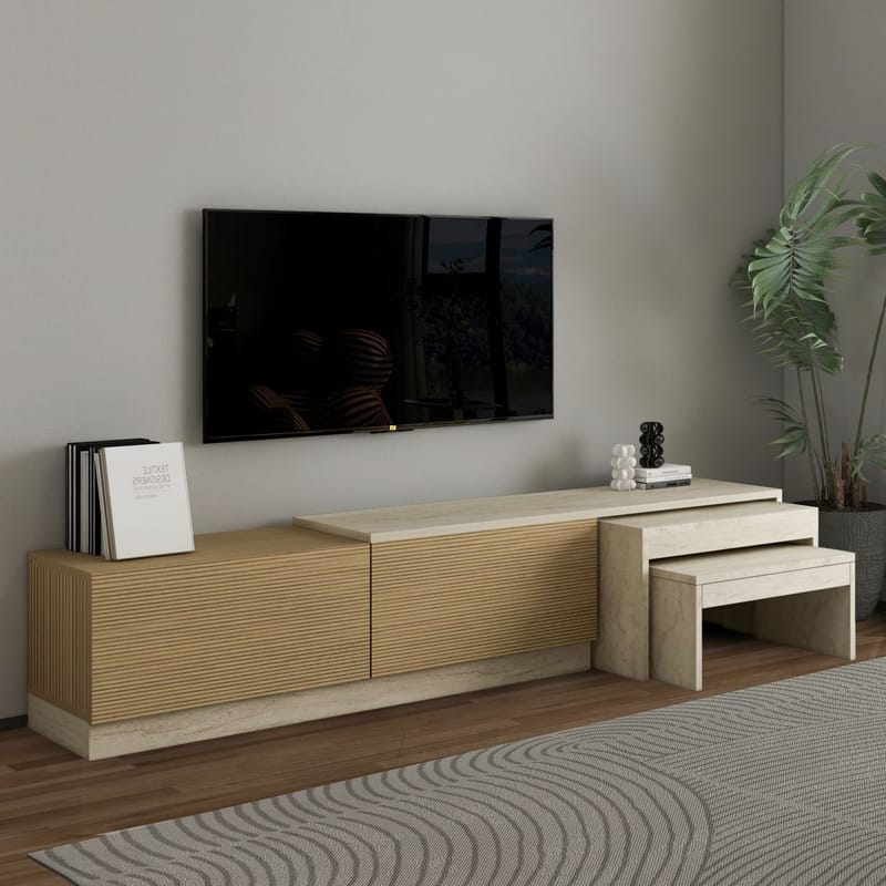 Zalven TV-taso 180x36x30 cm - travertiini ja lämmin tammi - Huonekalut - TV- & Mediakalusteet - Tv taso & Mediataso