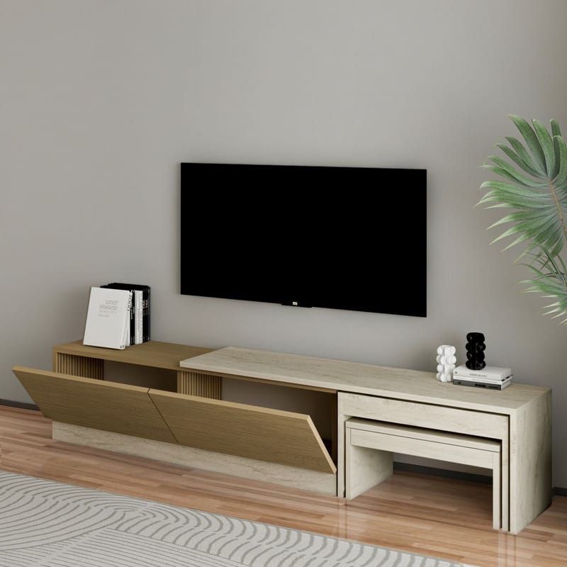 Zalven TV-taso 180x36x30 cm - travertiini ja lämmin tammi - Huonekalut - TV- & Mediakalusteet - Tv taso & Mediataso