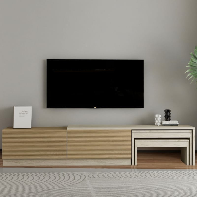 Zalven TV-taso 180x36x30 cm - travertiini ja lämmin tammi - Huonekalut - TV- & Mediakalusteet - Tv taso & Mediataso