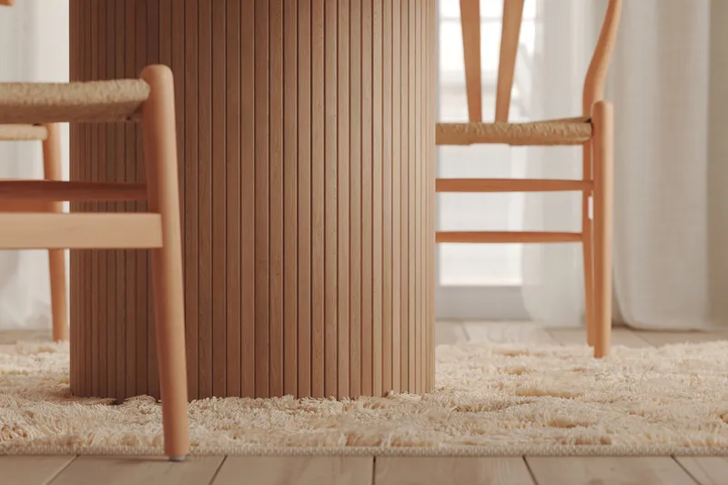 Kopparbo Pyöreä ruokapöytä 130 cm jatkettava jatkolevyllä - Valkolakattu Tammi / Vaalea beige - Huonekalut - Pöytä & ruokailuryhmä - Ruokapöydät & keittiön pöydät