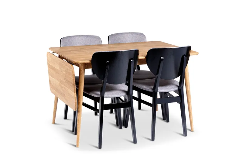 Alborg Jatkettava Ruokailuryhmä 120-160 cm, jossa 4 Borgholm-tuolia massiivipuuta, Luonnonväri/Musta/Vaalea ruskea