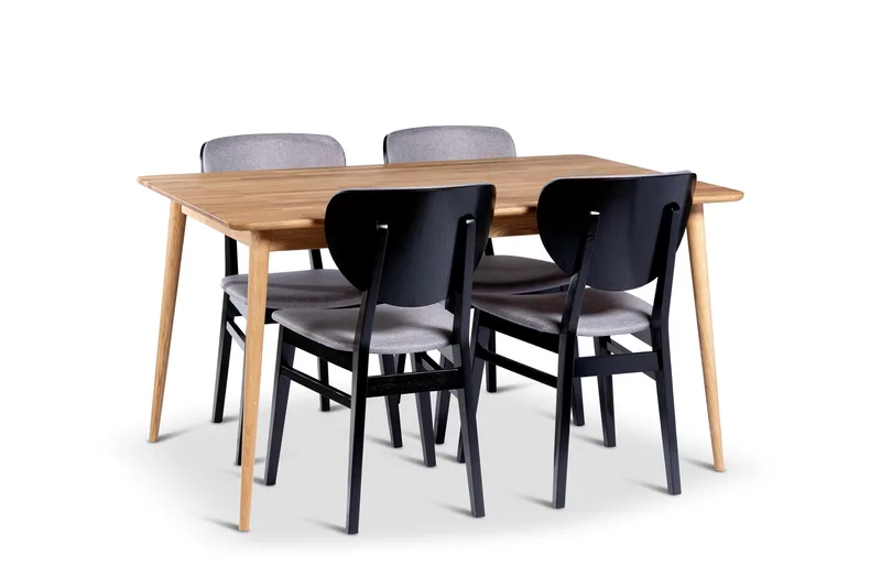 Alborg Ruokailuryhmä 140 cm, jossa 4 Borgholm-tuolia massiivipuuta, Luonnonväri/Musta/Ruskea