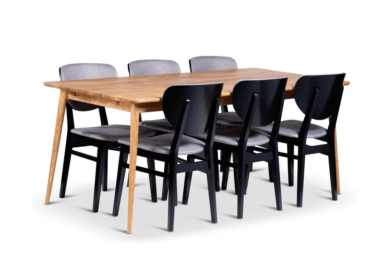 Alborg Ruokailuryhmä 180 cm, jossa 6 Borgholm-tuolia massiivipuuta, Ruskea/Musta/Luonnonväri