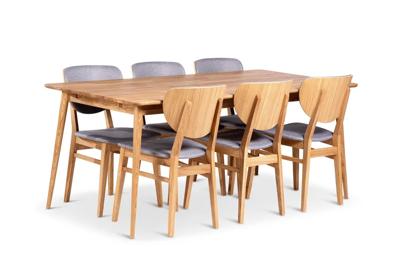 Alborg Ruokailuryhmä 180 cm, jossa 6 Borgholm-tuolia massiivipuuta, Vaalea ruskea/Luonnonväri