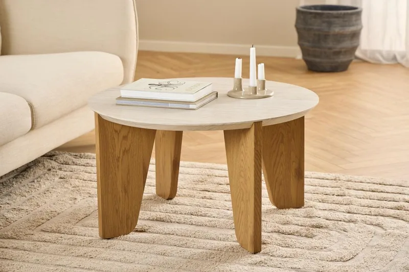 Alkha pyöreä sohvapöytä 80 cm kivi puujaloilla - Beige - Huonekalut - Pöytä & ruokailuryhmä - Sohvapöytä