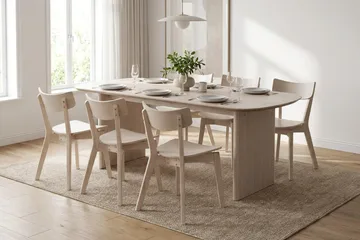 Alma-ruokailuryhmä 180 cm suorakulmainen valkolakattu, 6 Amelia-ruokatuolia - Valkoiseksi petsattu tammi - Huonekalut - Pöytä & ruokailuryhmä - Ruokailuryhmä