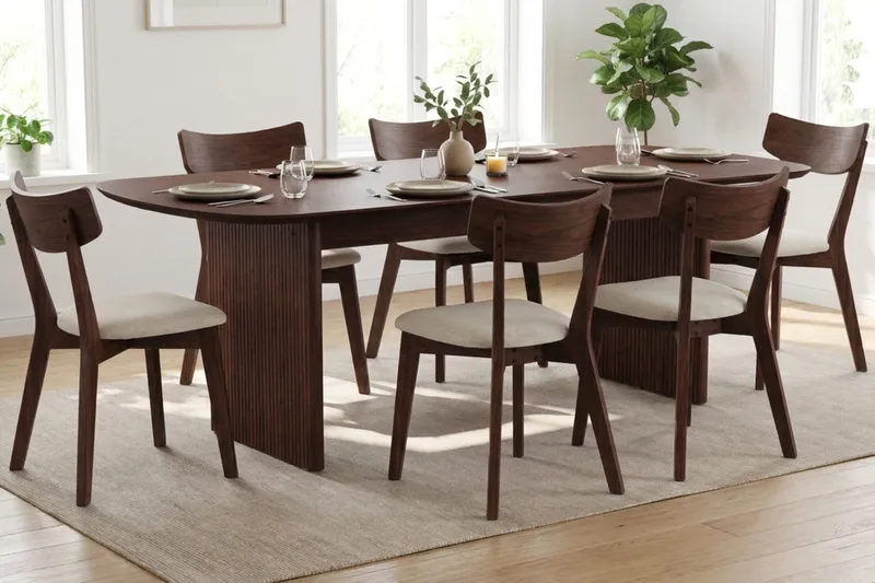 Alma-ruokailuryhmä 220 cm suorakaiteen muotoinen, pähkinäpuu, 6 Amelia-ruokatuolia istuintyynyllä - Pähkinä / beige - Huonekalut - Pöytä & ruokailuryhmä - Ruokailuryhmä