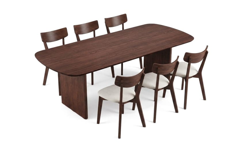 Alma-ruokailuryhmä 220 cm suorakaiteen muotoinen, pähkinäpuu, 6 Amelia-ruokatuolia istuintyynyllä - Pähkinä / beige - Huonekalut - Pöytä & ruokailuryhmä - Ruokailuryhmä