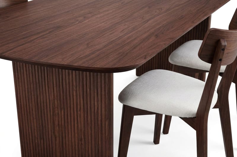 Alma-ruokailuryhmä 220 cm suorakaiteen muotoinen, pähkinäpuu, 6 Amelia-ruokatuolia istuintyynyllä - Pähkinä / beige - Huonekalut - Pöytä & ruokailuryhmä - Ruokailuryhmä