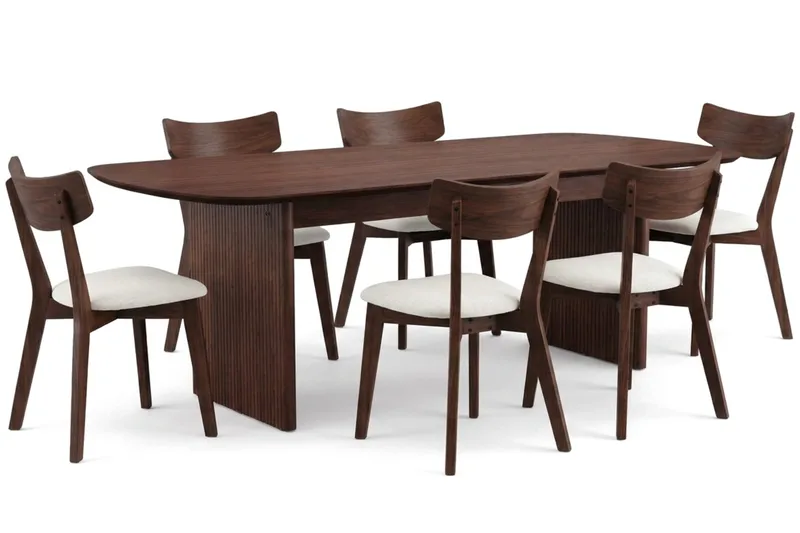 Alma-ruokailuryhmä 220 cm suorakaiteen muotoinen, pähkinäpuu, 6 Amelia-ruokatuolia istuintyynyllä, Pähkinä / beige